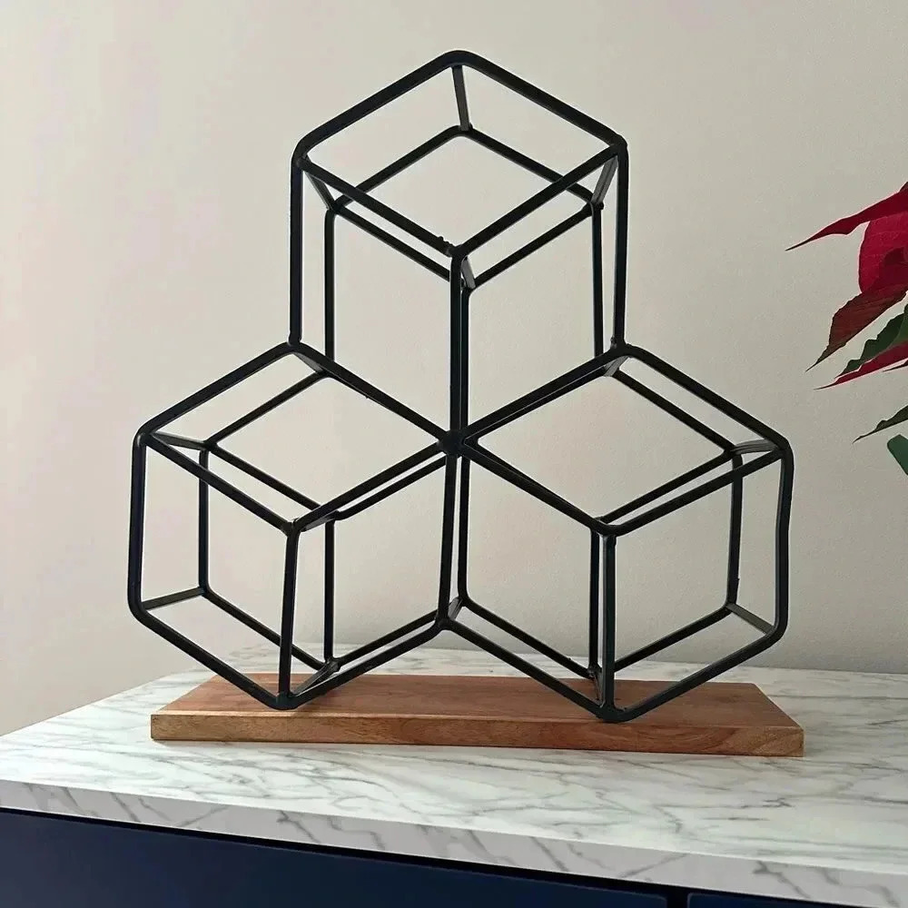 Wooden and metal bottle holder holds 9 bottles geometric shaped NWOT - Picture 3 of 4